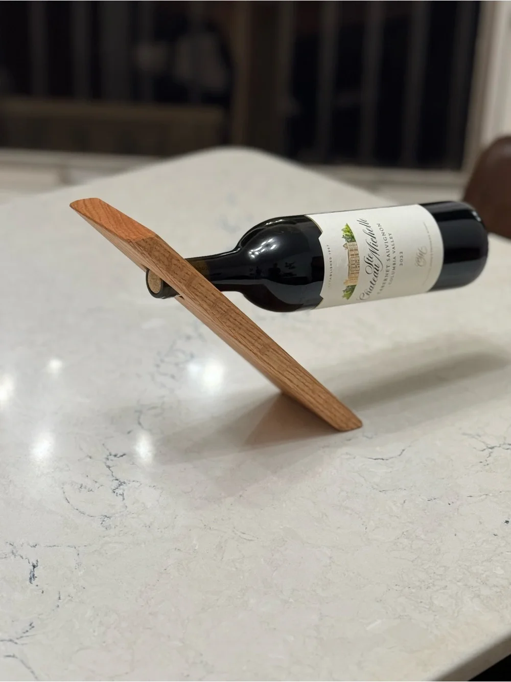 HandCrafted Floating Wine Bottle Stand - Red Oak Wood